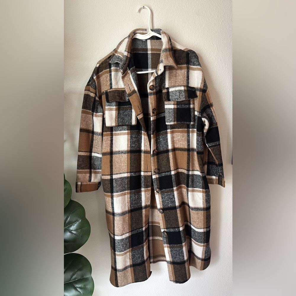 Plaid Button-Up long Shacket Jacket in Brown, Black & Cream